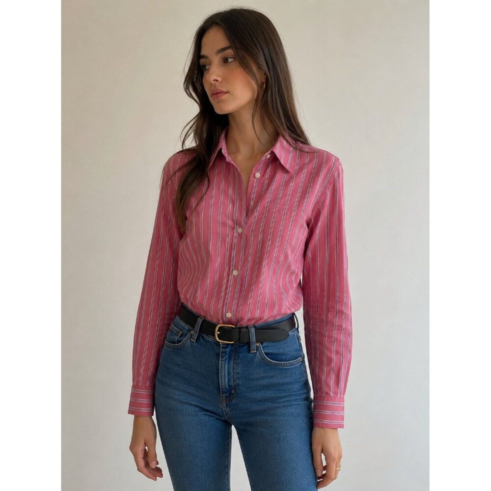 Lauren Ralph Lauren Black Label Women's 2X Pink Stripe Button Down Shirt RL Logo